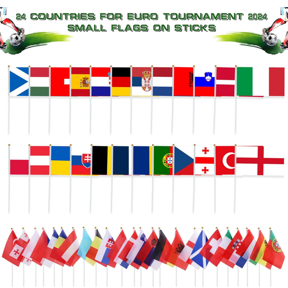 2- Euro Cup Hand Flags 14x21cm with 30 cm Pole X 24 pcs